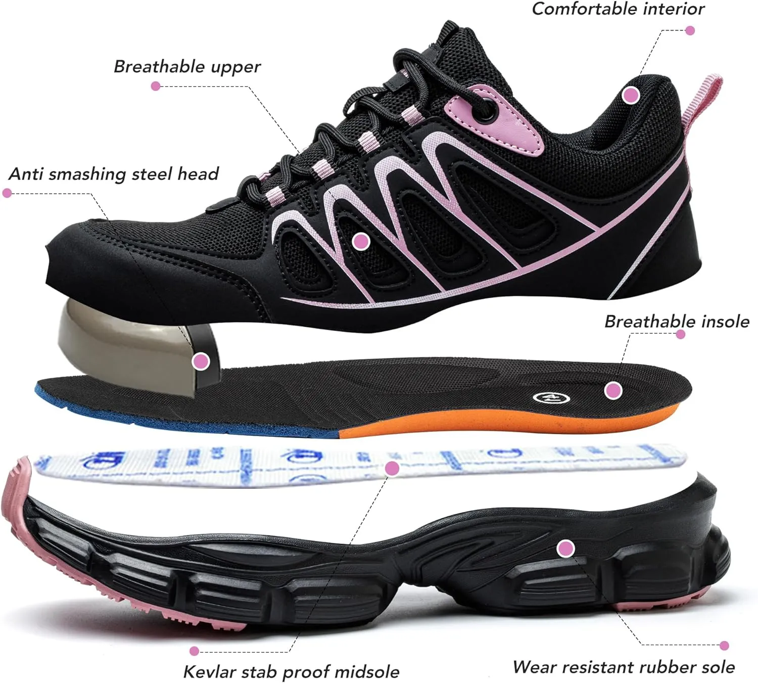 Asiman Steel Toe Shoes for Women Pink Safety Toe Shoes Breathable Lightweight Composite Work Sneakers