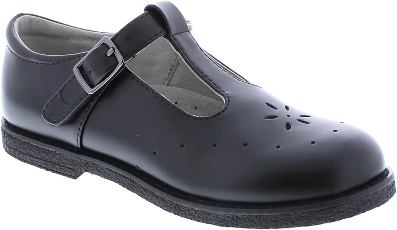 FOOTMATES Sherry BTS Leather T-Strap Mary Jane Flats Girls Dress Shoes with Wide Toe Box and Custom-Fit Insoles, Non-Marking Outsoles - for Little Kids and Big Kids, Ages 4-12