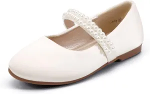 Hehainom Toddler/Little Girls Emily Mary Jane Dress Shoes Flower Girl Ballet Flats with Pearls for Party School