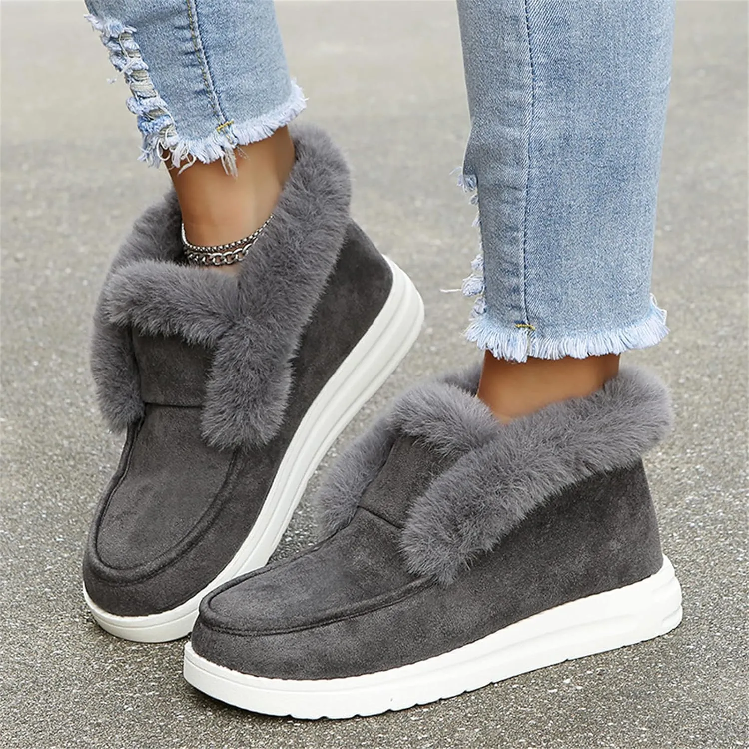 Ladmiple Winter Boots For Women Warm Fur Lined Snow Boots Outdoor Ankle Booties Slip On Comfortable Fashion Loafers Shoes
