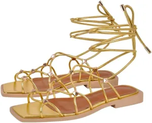 LISHAN Womens Gladiator Square Toe Flat Sandals Lace Up Cross Strappy Studded Flats