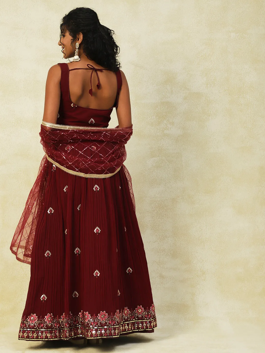 Maroon Georgette Lehenga With Embroidery