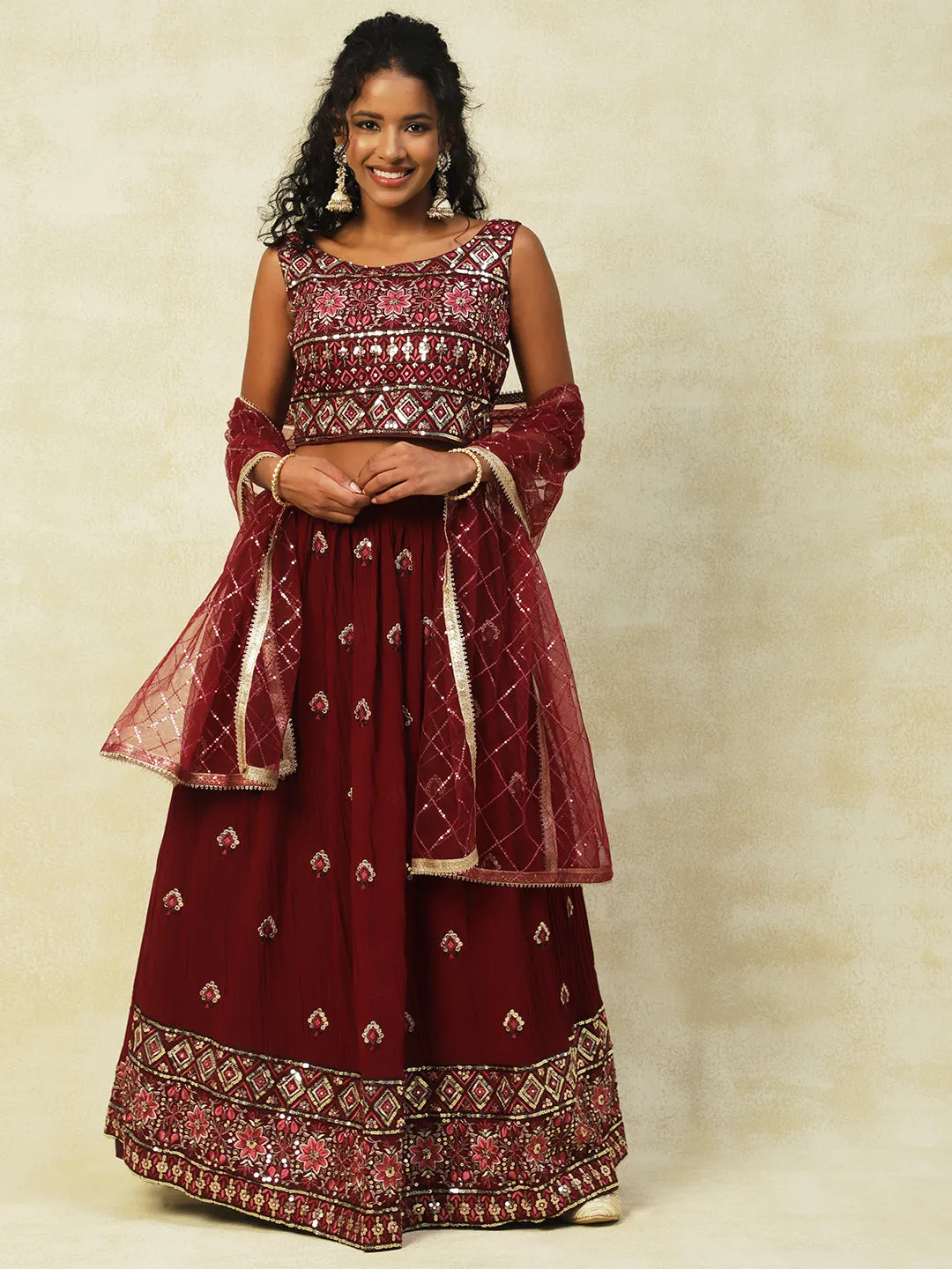 Maroon Georgette Lehenga With Embroidery