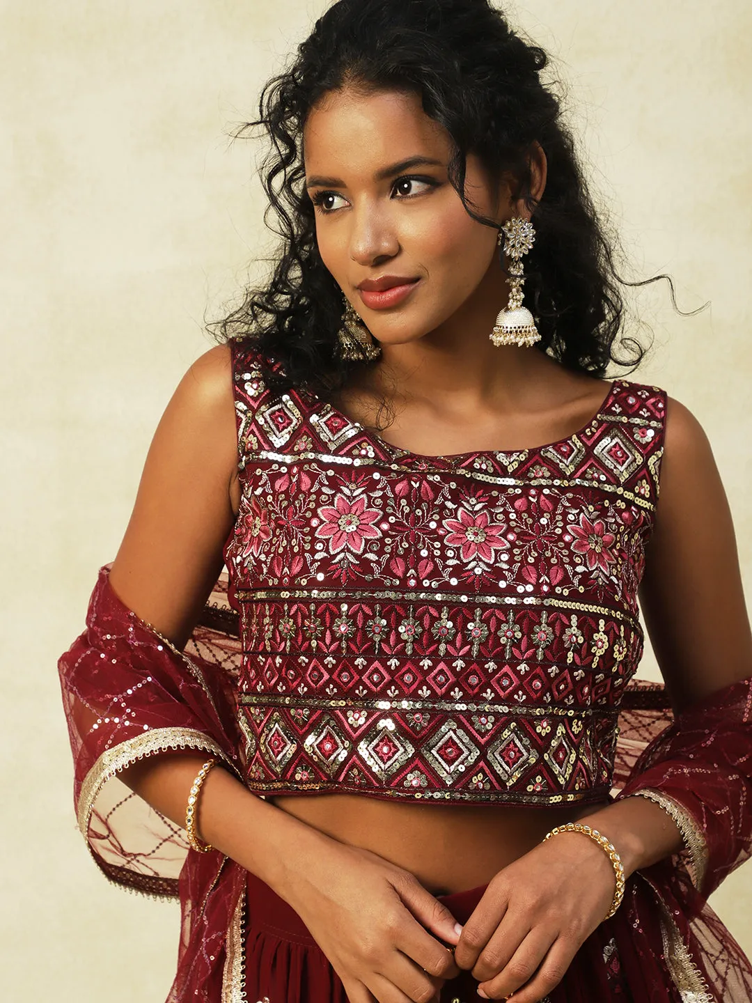 Maroon Georgette Lehenga With Embroidery
