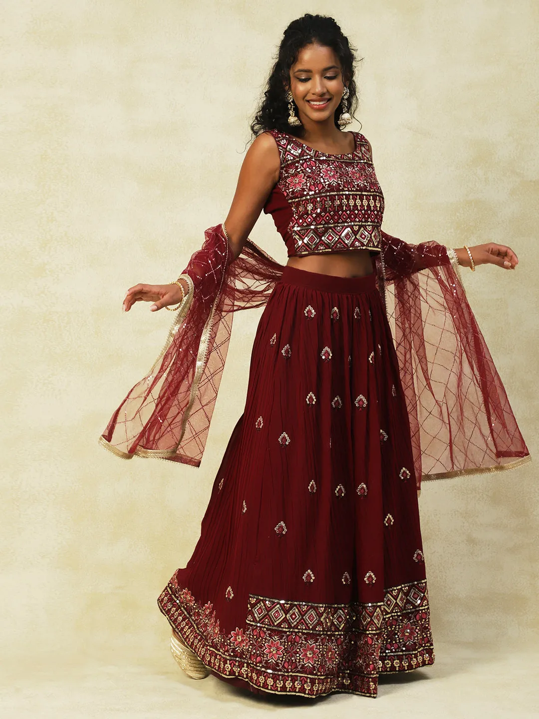 Maroon Georgette Lehenga With Embroidery