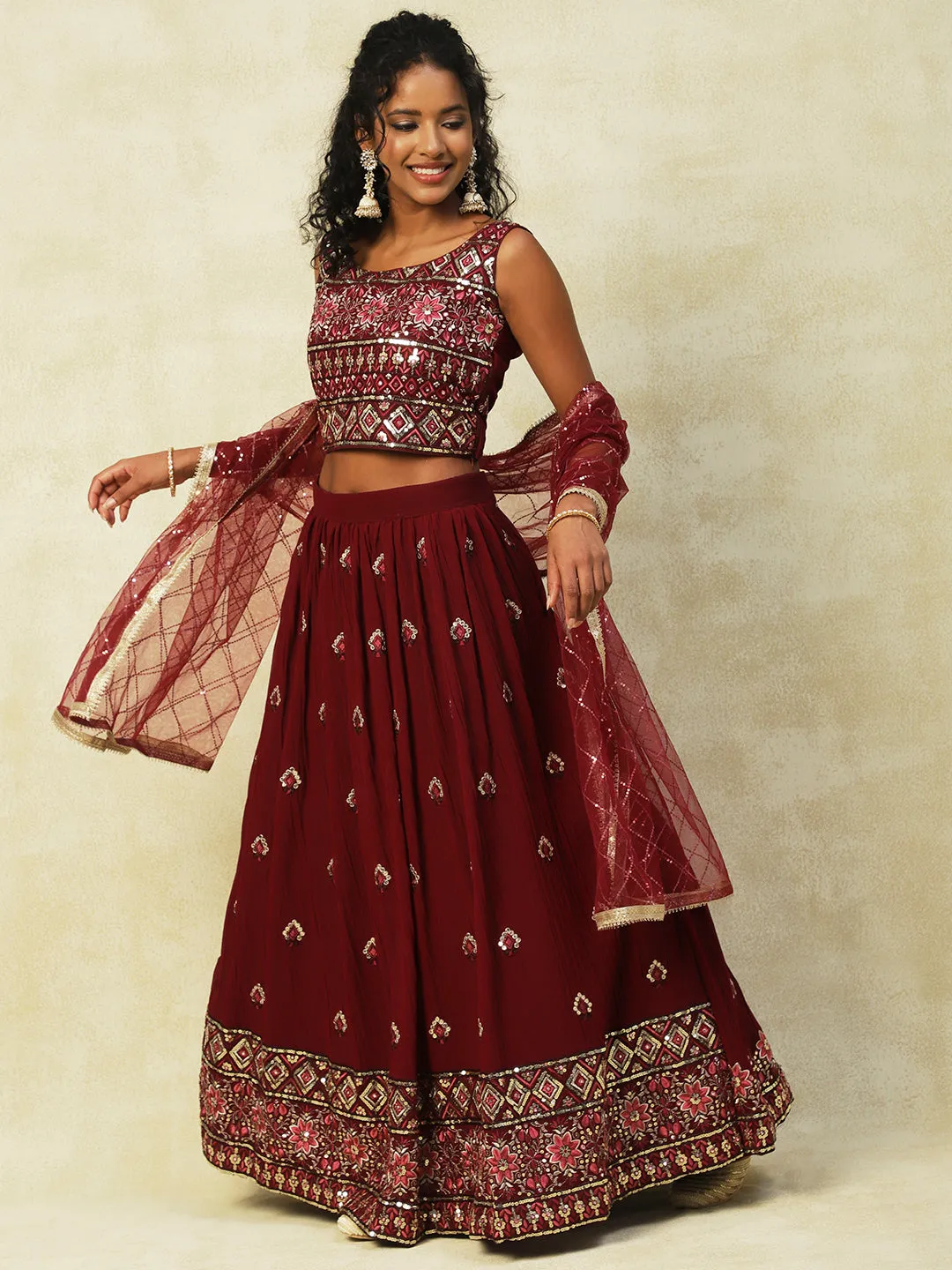 Maroon Georgette Lehenga With Embroidery