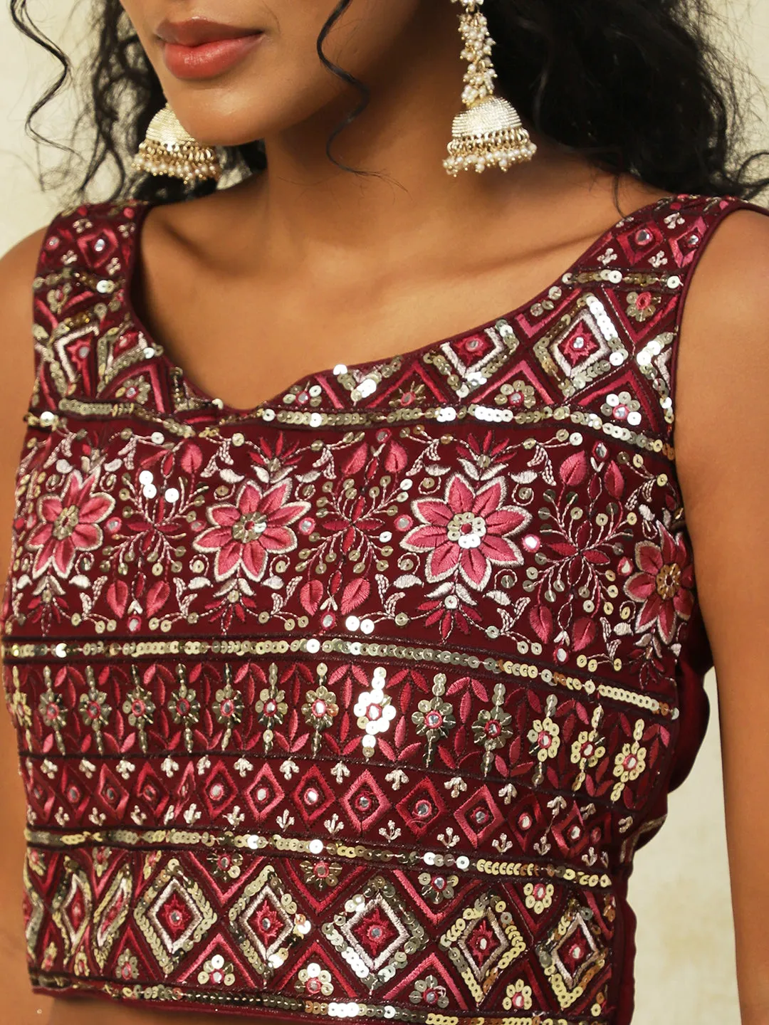 Maroon Georgette Lehenga With Embroidery