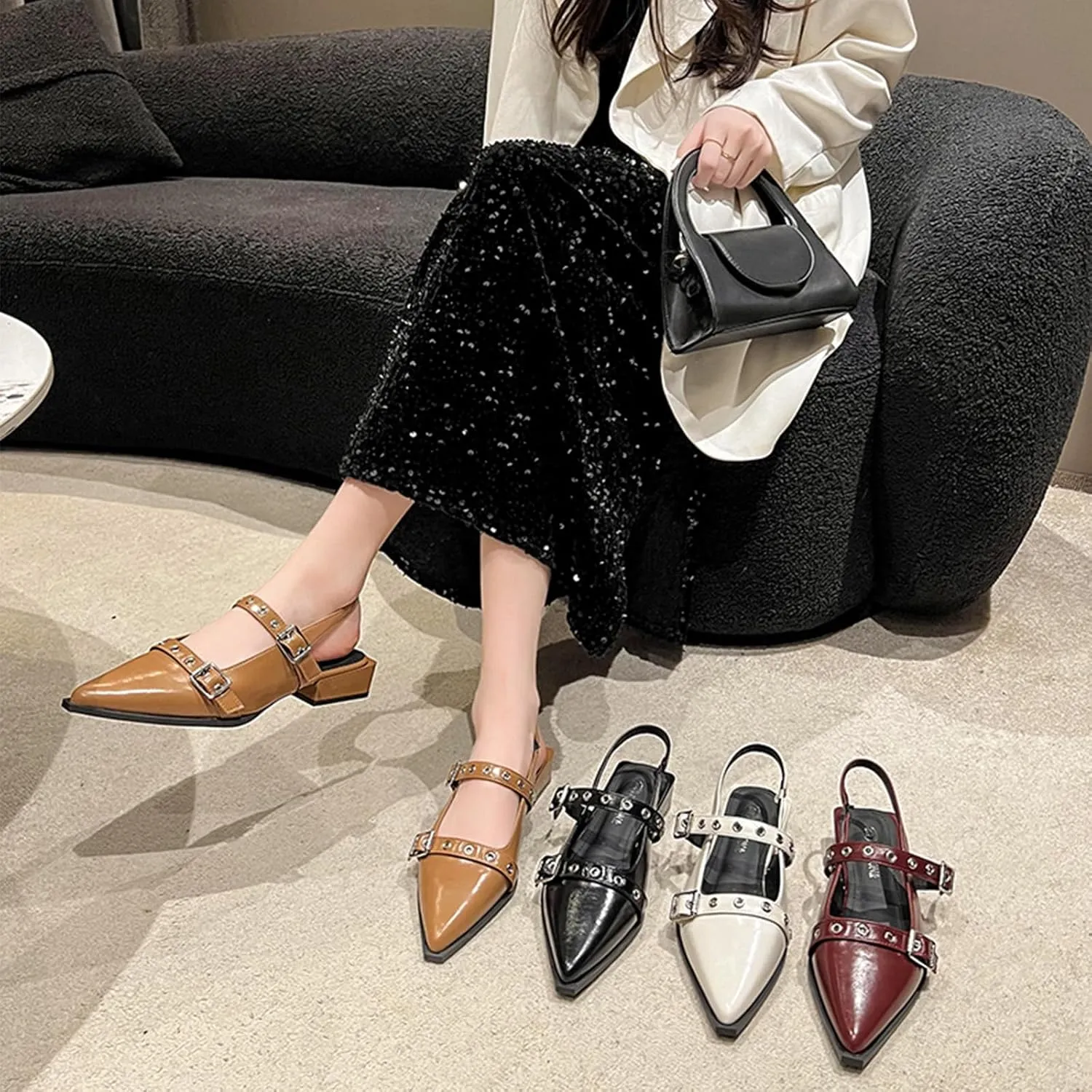Optigard Slingback Buckle Flats for Women Closed Pointed Toe Low Heel Ballet Shoes Slip On Comfortable Dress Shoes