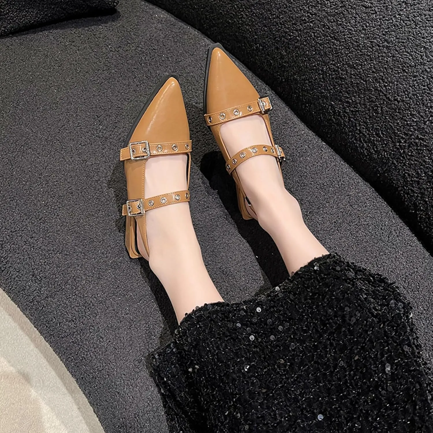 Optigard Slingback Buckle Flats for Women Closed Pointed Toe Low Heel Ballet Shoes Slip On Comfortable Dress Shoes