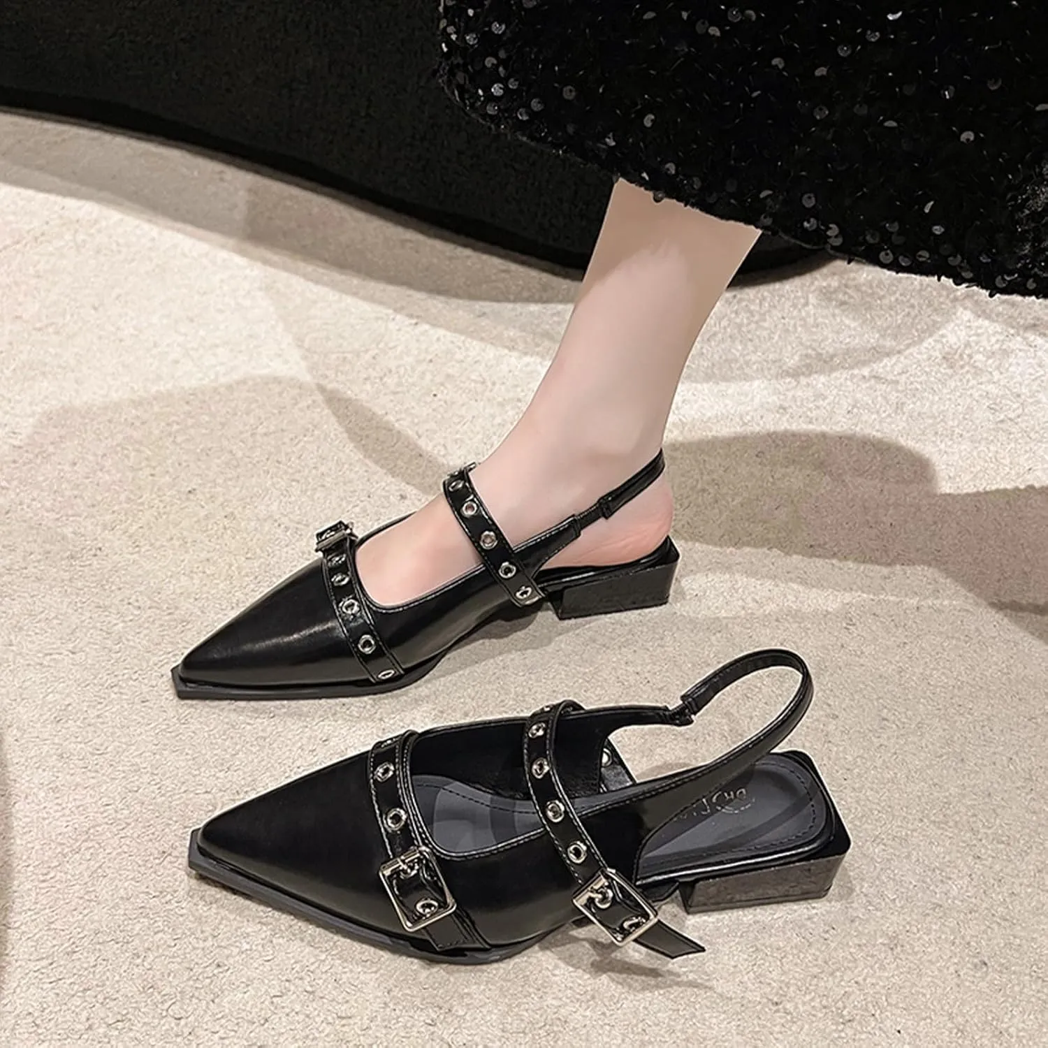 Optigard Slingback Buckle Flats for Women Closed Pointed Toe Low Heel Ballet Shoes Slip On Comfortable Dress Shoes
