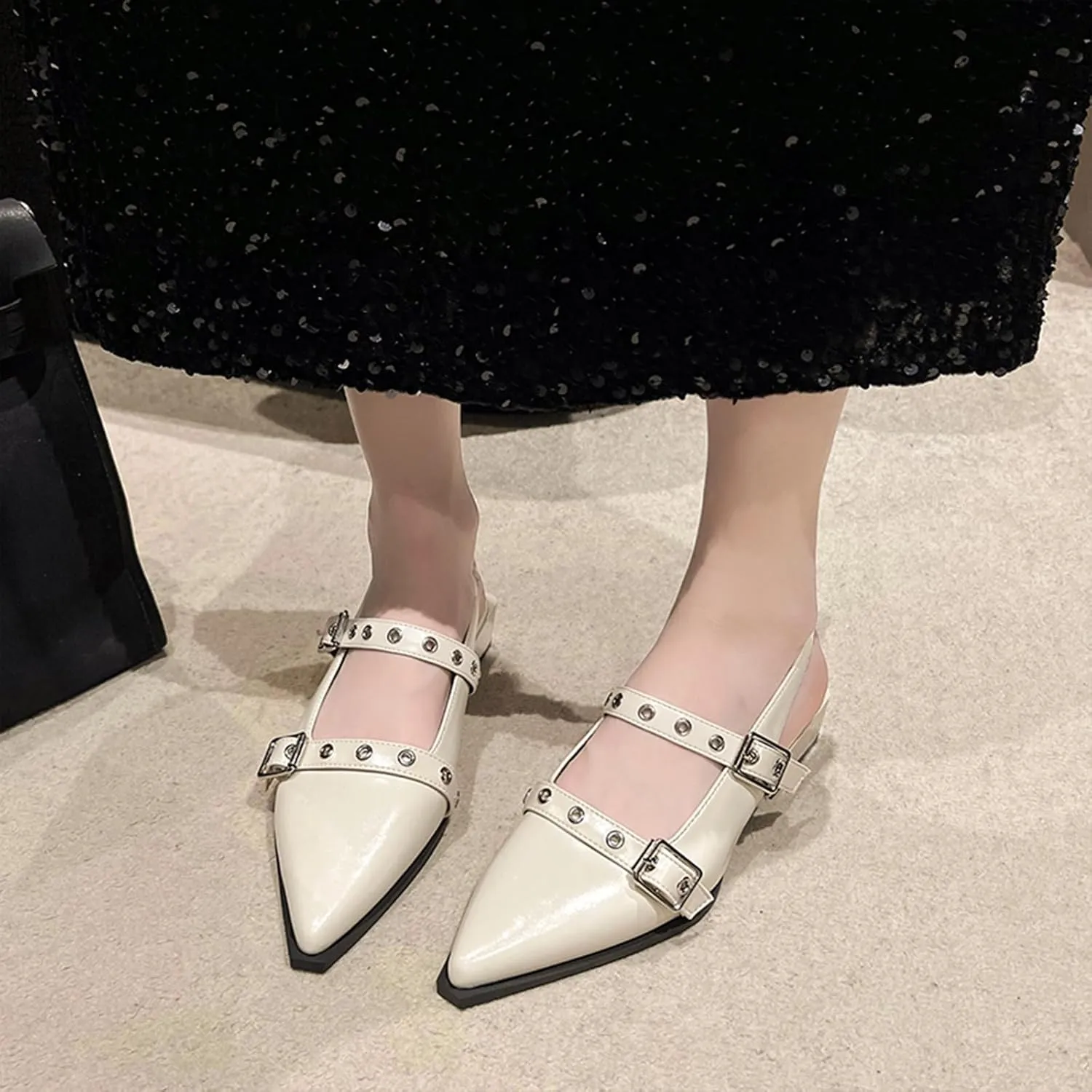 Optigard Slingback Buckle Flats for Women Closed Pointed Toe Low Heel Ballet Shoes Slip On Comfortable Dress Shoes