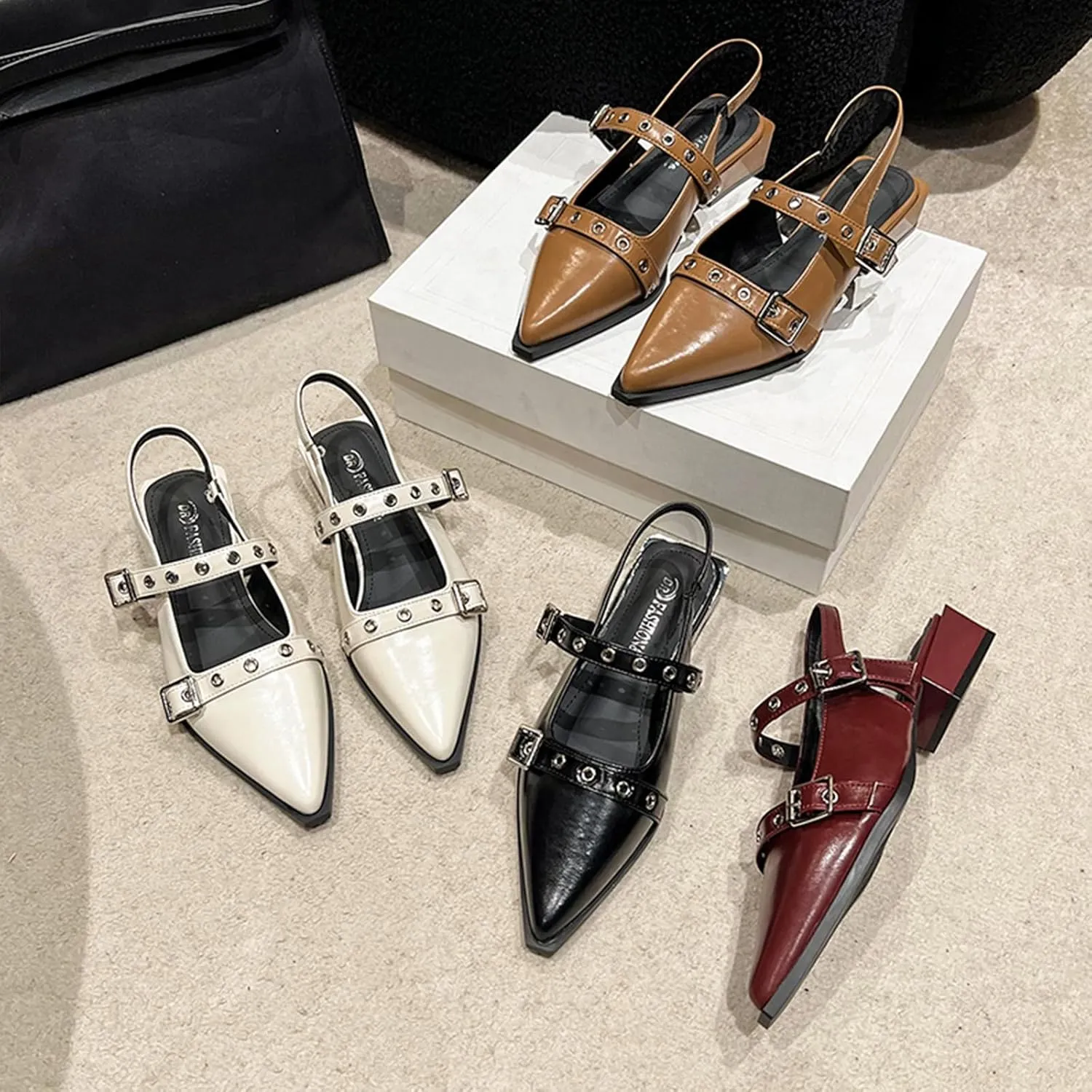 Optigard Slingback Buckle Flats for Women Closed Pointed Toe Low Heel Ballet Shoes Slip On Comfortable Dress Shoes