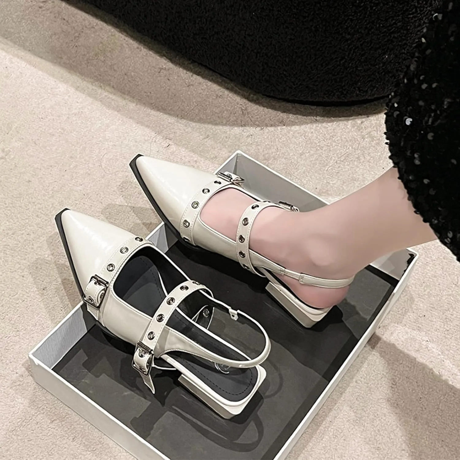Optigard Slingback Buckle Flats for Women Closed Pointed Toe Low Heel Ballet Shoes Slip On Comfortable Dress Shoes