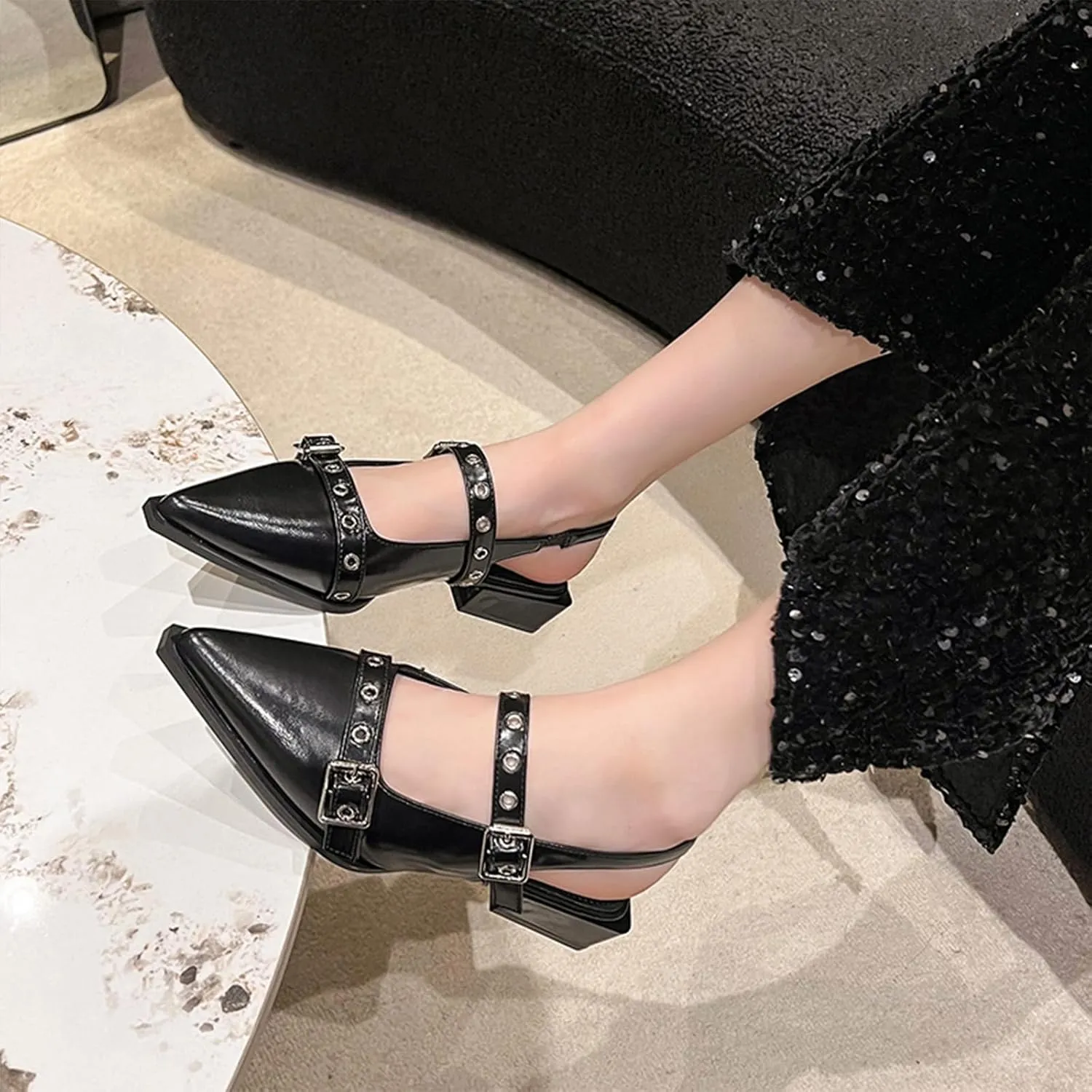 Optigard Slingback Buckle Flats for Women Closed Pointed Toe Low Heel Ballet Shoes Slip On Comfortable Dress Shoes
