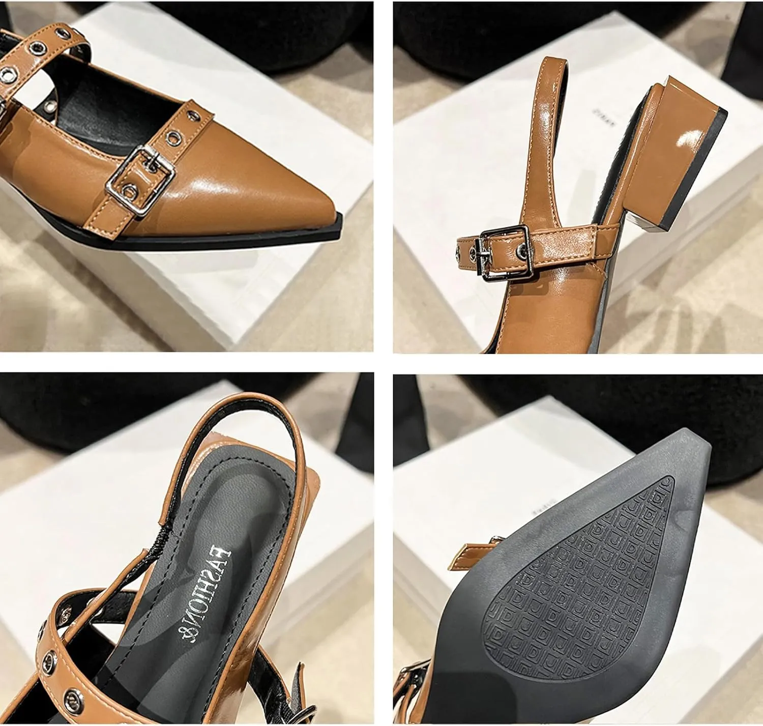 Optigard Slingback Buckle Flats for Women Closed Pointed Toe Low Heel Ballet Shoes Slip On Comfortable Dress Shoes