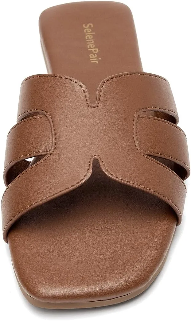 SelenePair Women's Fashion Flat Sandals Square Toe Slip On Dress Summer Slides