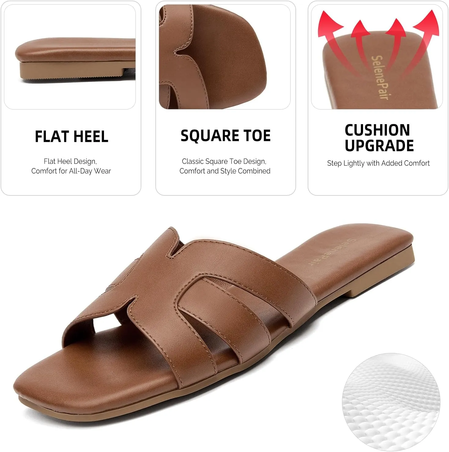 SelenePair Women's Fashion Flat Sandals Square Toe Slip On Dress Summer Slides