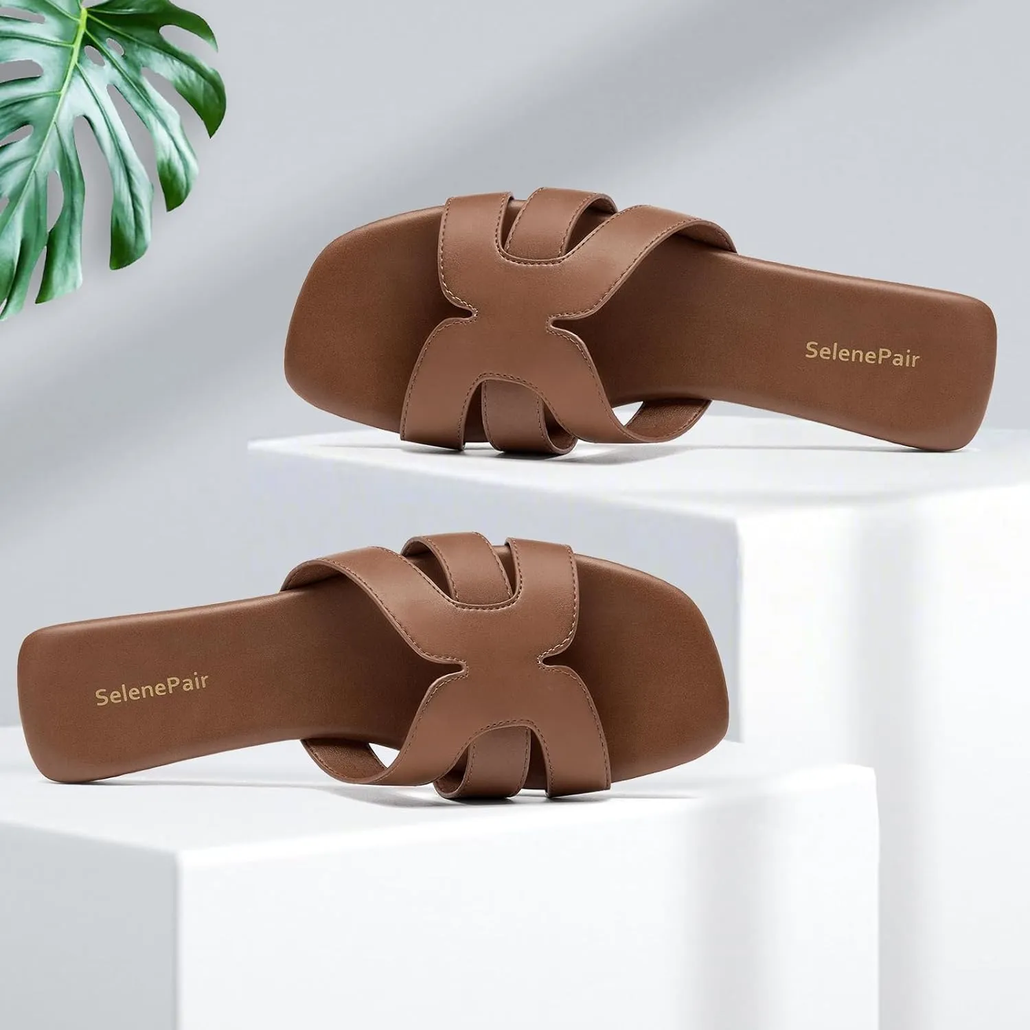 SelenePair Women's Fashion Flat Sandals Square Toe Slip On Dress Summer Slides