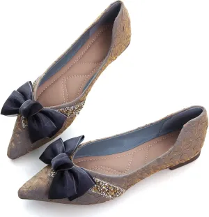 Stunner Bowknot Ballet Flats for Women Cute Bowtie Slip on Pointy Toe Rhinestone Dress Flat Shoes Loarfers