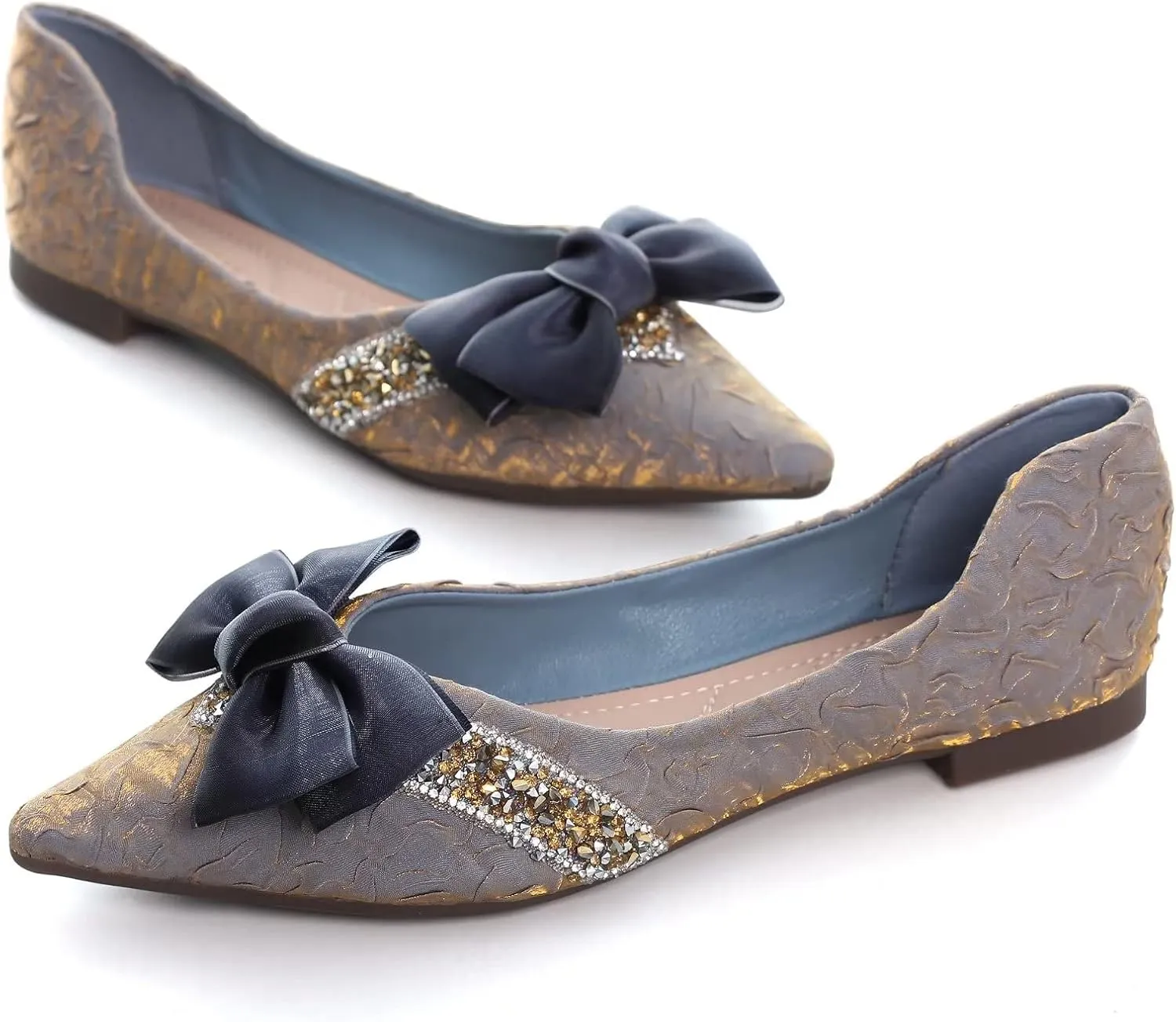 Stunner Bowknot Ballet Flats for Women Cute Bowtie Slip on Pointy Toe Rhinestone Dress Flat Shoes Loarfers