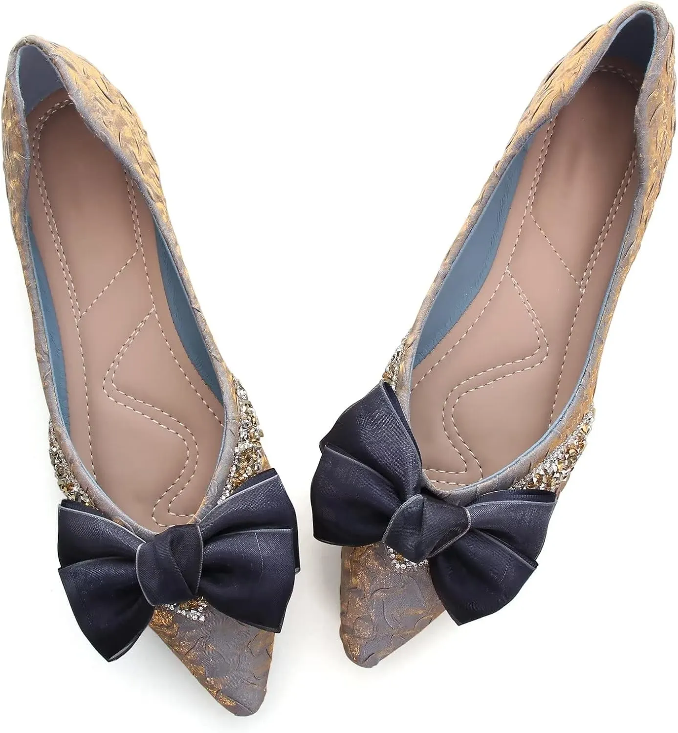 Stunner Bowknot Ballet Flats for Women Cute Bowtie Slip on Pointy Toe Rhinestone Dress Flat Shoes Loarfers