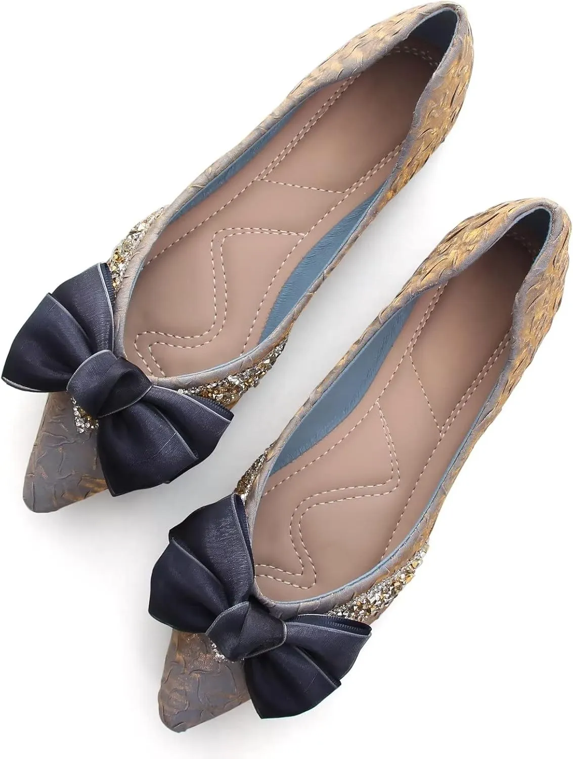 Stunner Bowknot Ballet Flats for Women Cute Bowtie Slip on Pointy Toe Rhinestone Dress Flat Shoes Loarfers