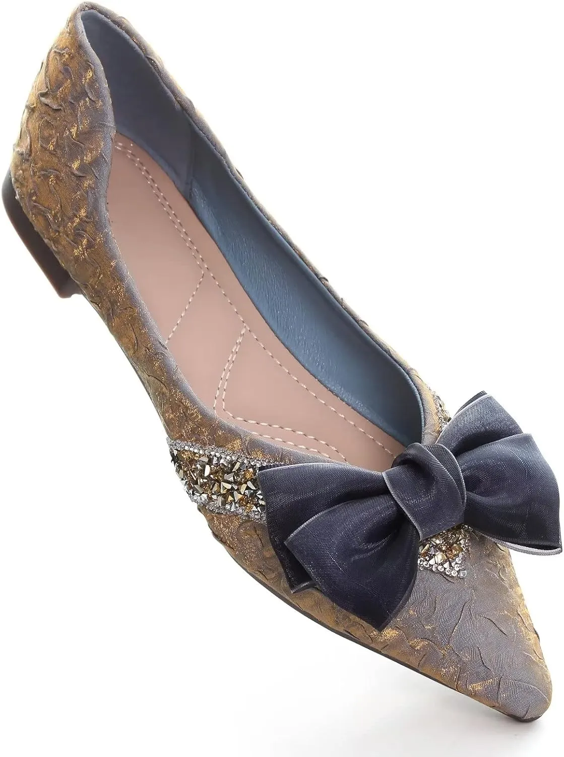 Stunner Bowknot Ballet Flats for Women Cute Bowtie Slip on Pointy Toe Rhinestone Dress Flat Shoes Loarfers
