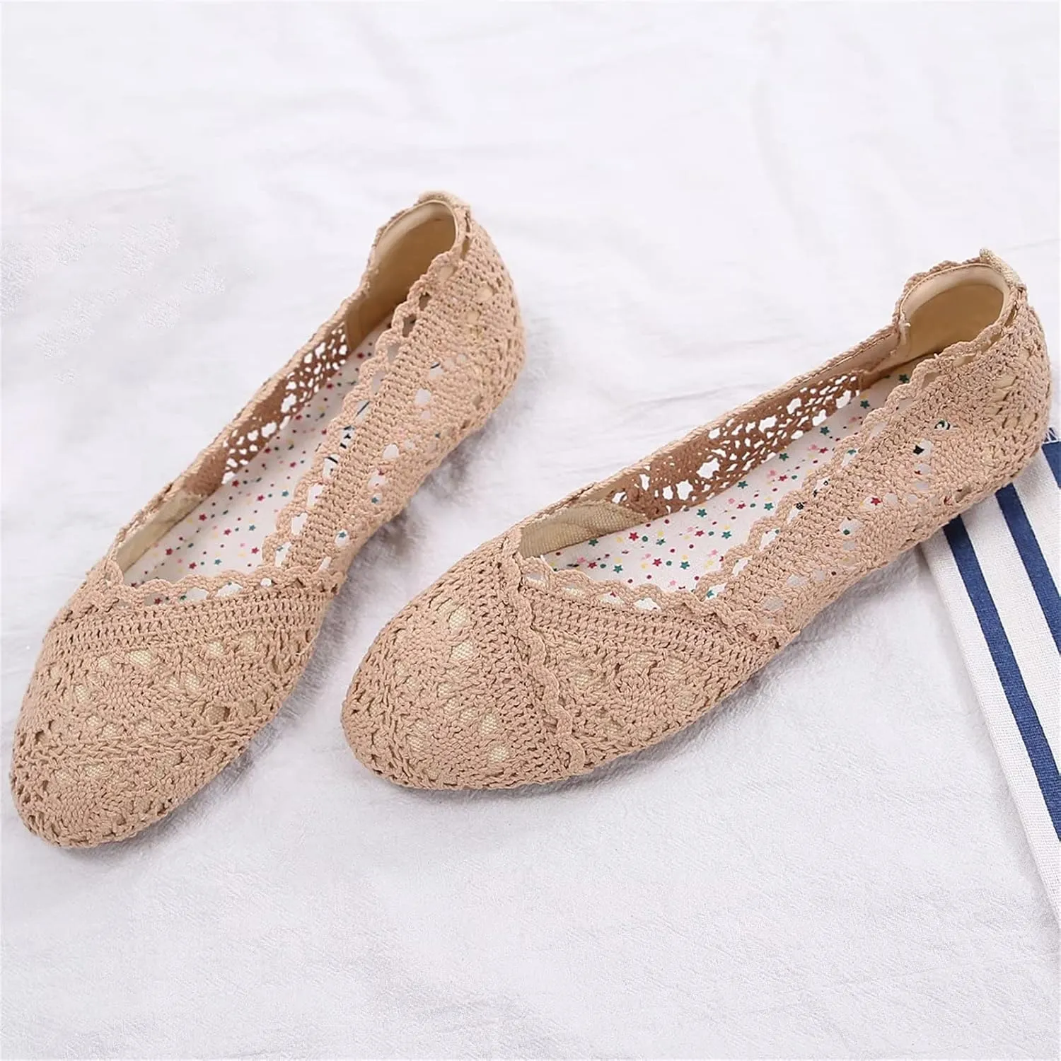 Stunner Women's Round Toe Flats Lace Hollow Breathable Slip on Flat Shoes
