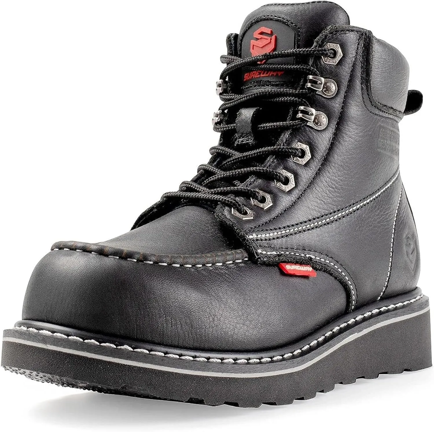 SUREWAY Mens Heavy Duty Soft/Composite/Steel Toe Work Boots for Men-Comfortable,Goodyear Welt,Full Grain Leather,6 in Wedge Moc Toe Construction Boots/Shoes,Soft Toe Black,Size 10.5