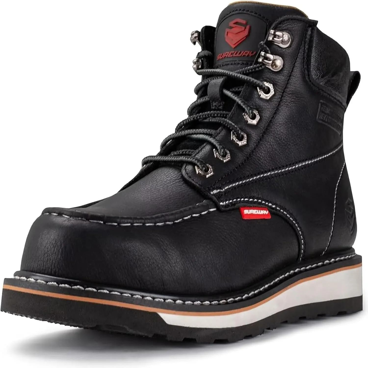 SUREWAY Mens Heavy Duty Soft/Composite/Steel Toe Work Boots for Men-Comfortable,Goodyear Welt,Full Grain Leather,6 in Wedge Moc Toe Construction Boots/Shoes,Soft Toe White Sole,Size 10.5