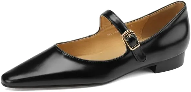 TinaCus Women's Genuine Leather Handmade Pointed Toe Flats Buckle Mary Janes Cute Dress Shoes