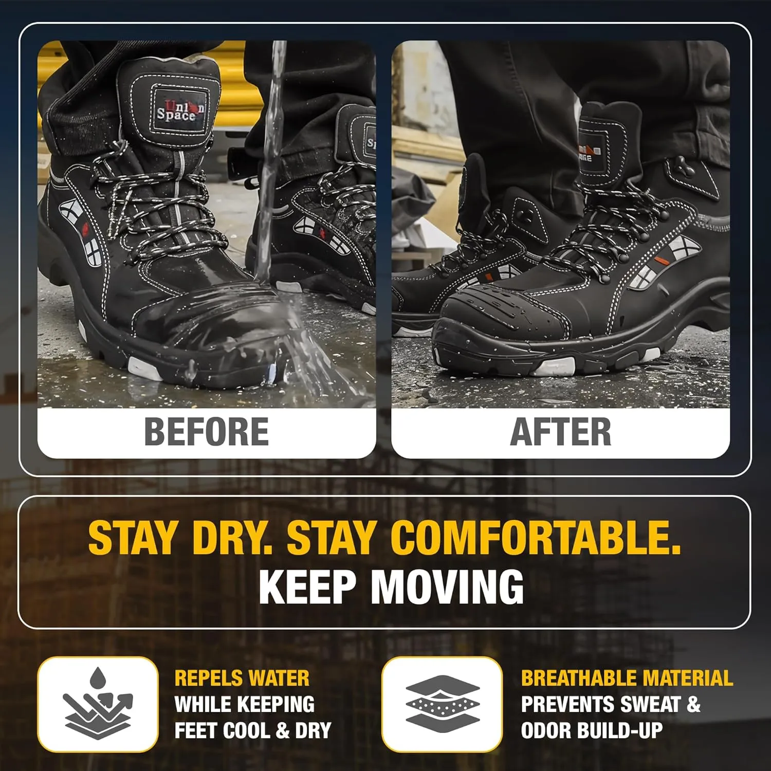 UNIONSPACE Work Boots for Men  Black Slip-Resistant Composite Safety Toe Shoes | Durable, Non-Slip Construction Footwear with Kevlar Sole & Composite Toe Protection