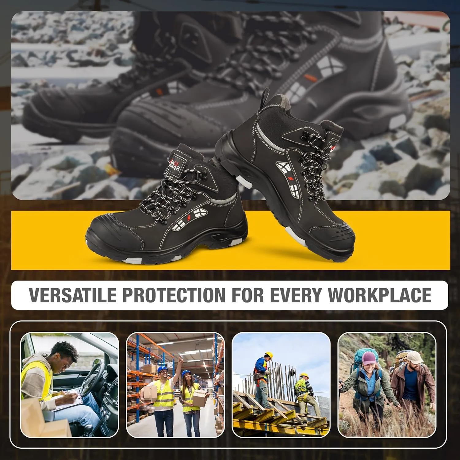 UNIONSPACE Work Boots for Men  Black Slip-Resistant Composite Safety Toe Shoes | Durable, Non-Slip Construction Footwear with Kevlar Sole & Composite Toe Protection