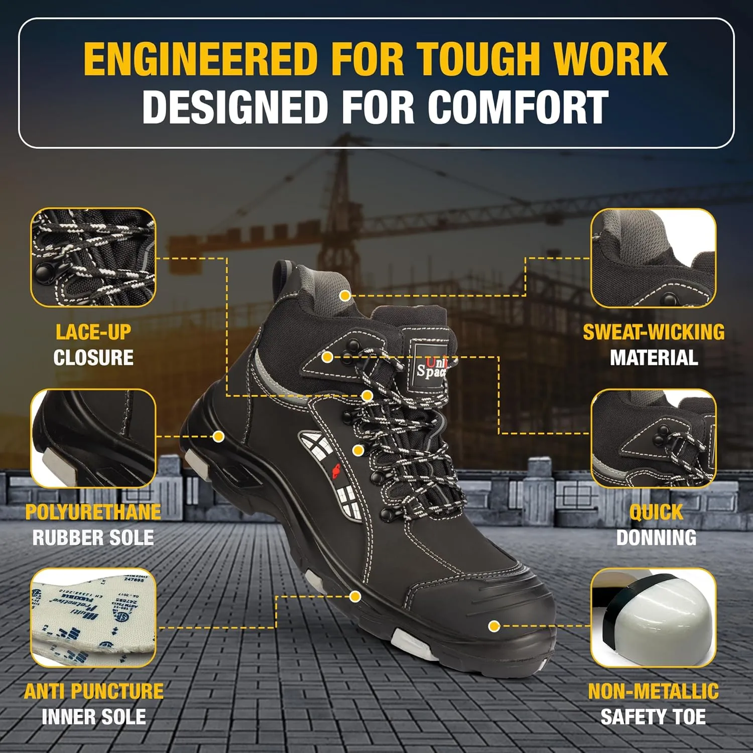 UNIONSPACE Work Boots for Men  Black Slip-Resistant Composite Safety Toe Shoes | Durable, Non-Slip Construction Footwear with Kevlar Sole & Composite Toe Protection