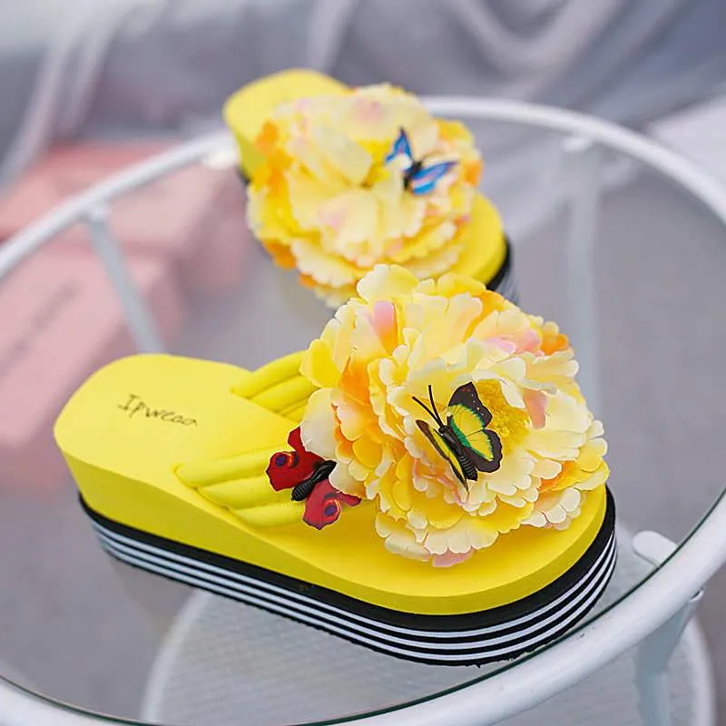 Women Summer Thick Wedge Heel Flowers Design Flip Flops Slippers
