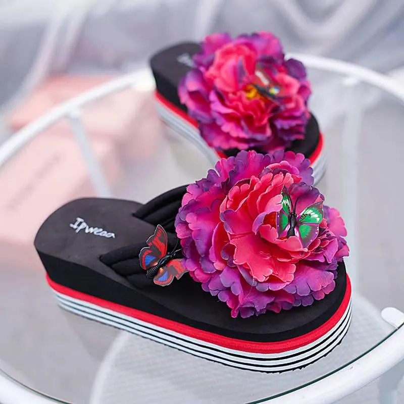 Women Summer Thick Wedge Heel Flowers Design Flip Flops Slippers