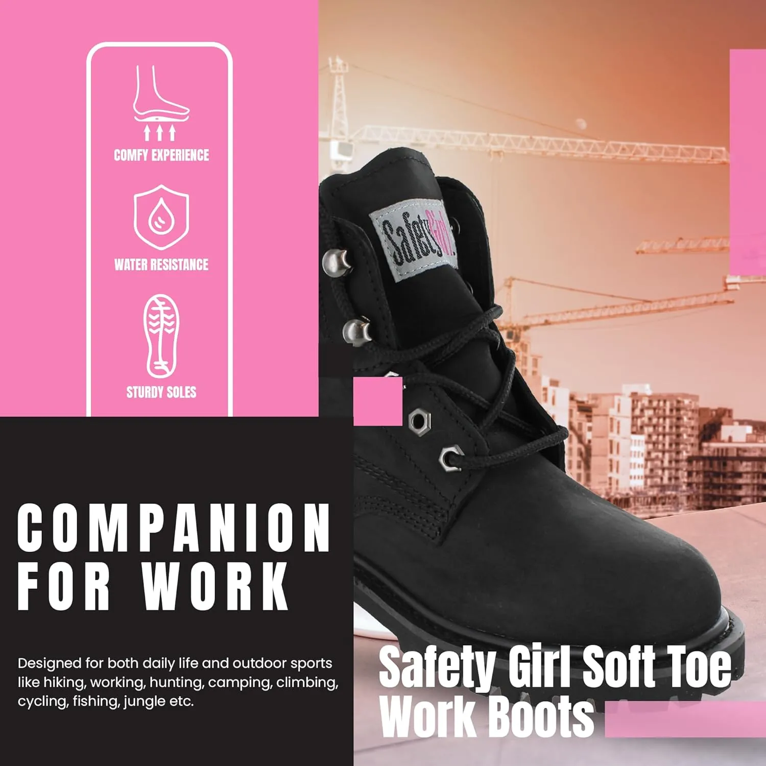 Womens Work Boots | Waterproof Leather Work Boots for Women | Oil & Slip-Resistant Soft Toe Boots for Women | Premium Nubuck Leather | Lightweight and Comfortable | Black Leather - 8.5W